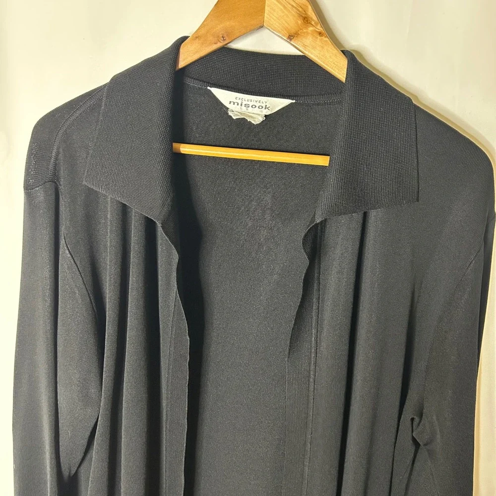 Misook Black Knit Cardigan Sweater Sz‎ L Long Sleeve Collared Open Front Vintage